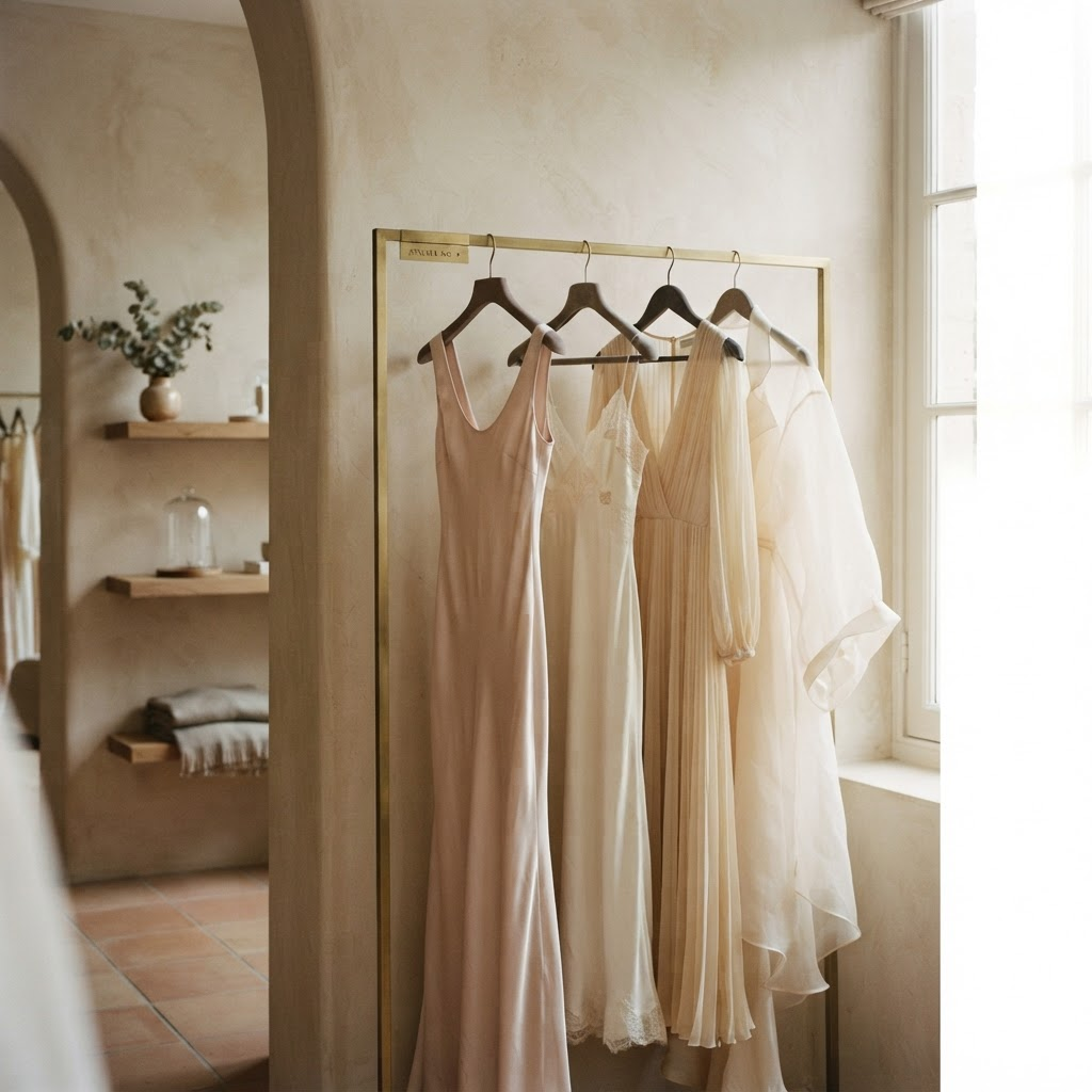 Flowing dresses in ivory and blush tones on a brass garment rail