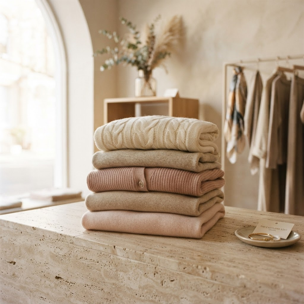 Folded cashmere knitwear in cream, oat, and soft rose tones