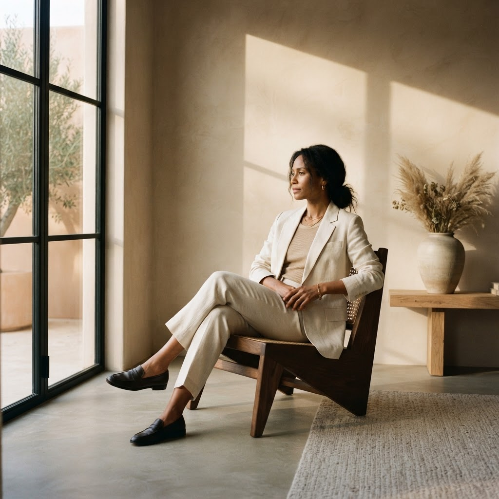 Woman in tailored neutral clothing seated in a warm sunlit room