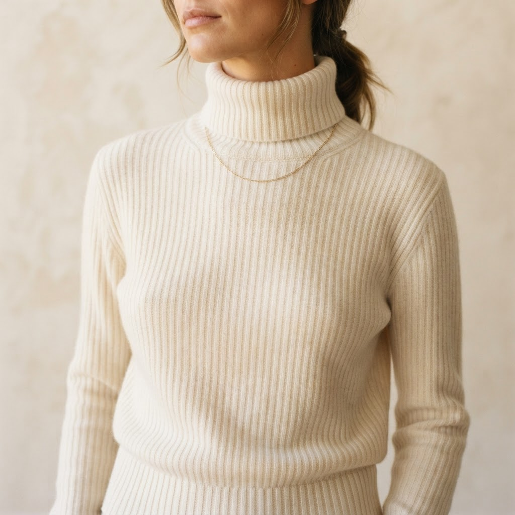 Cream cashmere ribbed turtleneck sweater