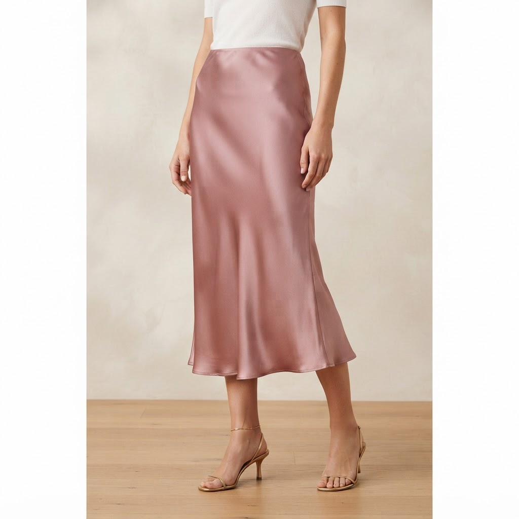 Long satin bias-cut midi skirt in muted rose