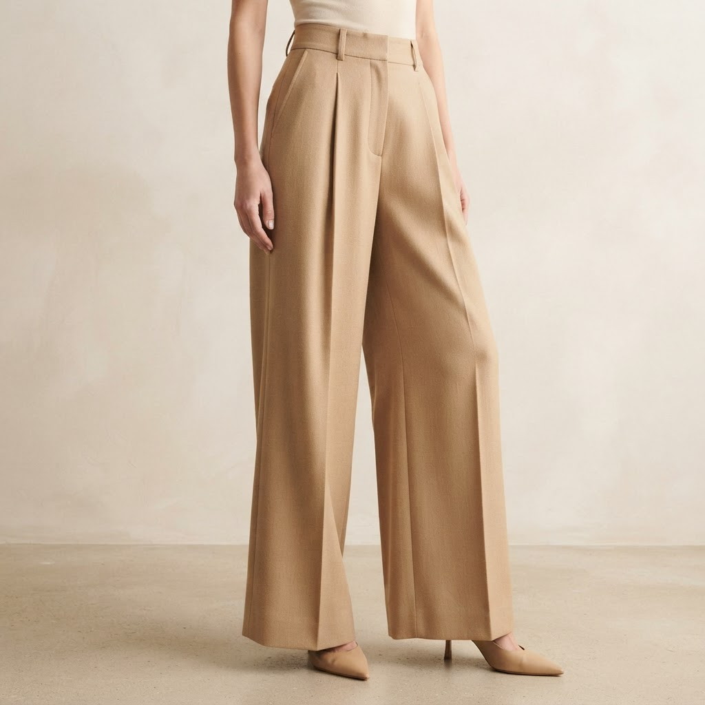 High-waisted wide-leg pleated trousers in sand